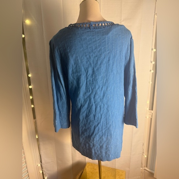 Trina Turk Relaxed Blue 3/4 Sleeve Smocked Tunic Bohemian size Large - Picture 7 of 8